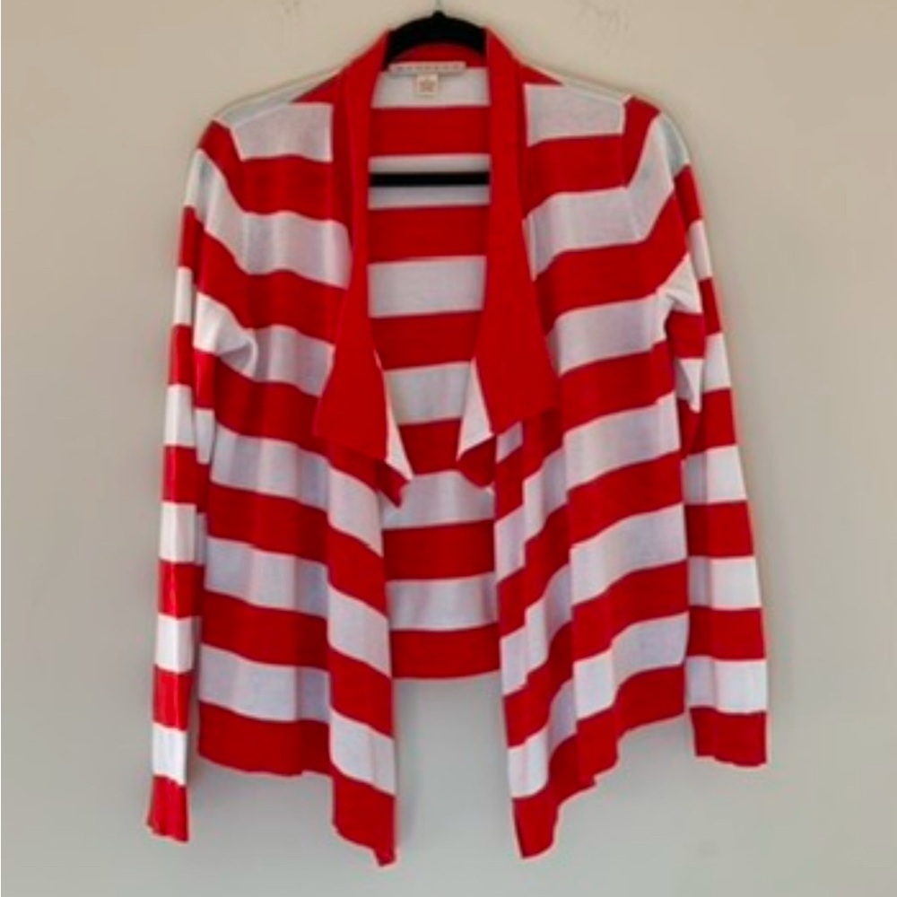 Belford Open‎ Dropped Cardigan Women Red Whiter Strip Knit Sweater Small